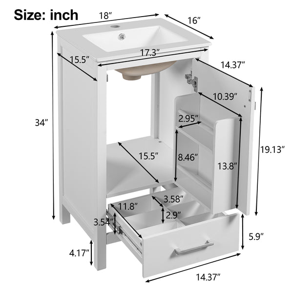 English Elm 18-Inch Modern Bathroom Vanity with Ceramic Sink, Soft-Close Doors, Divider Drawer & Adjusting Feet White N729P334854K