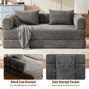 English Elm 78 Inch Corduroy Convertible Sofa Sleeper Futon with Foldable Armrests for Studio Rooms Dark Gray W5385P455030