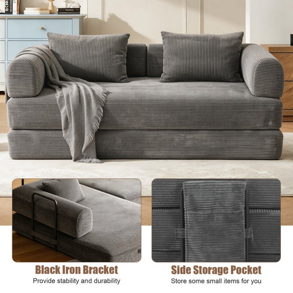 English Elm 78 Inch Corduroy Convertible Sofa Sleeper Futon with Foldable Armrests for Studio Rooms Dark Gray W5385P455030