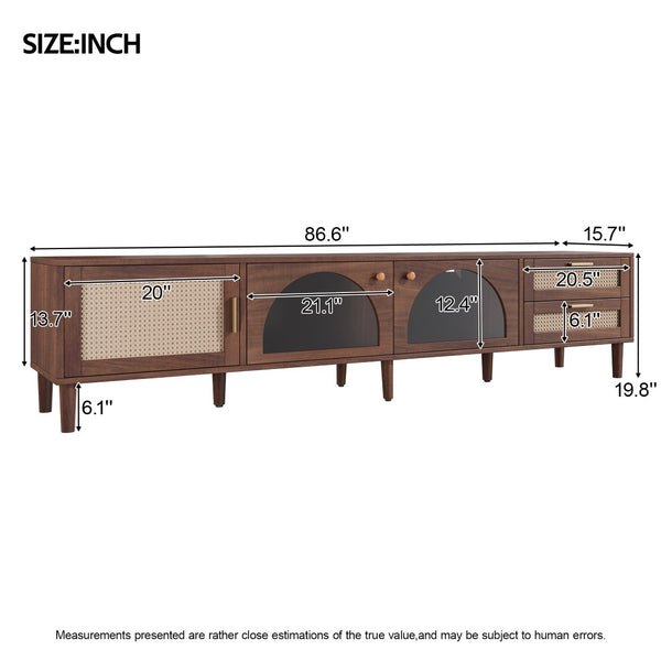 English Elm 86 Inch Rattan Media Console with Led Lighting Two Drawers Modern Living Room Tv Stand N710P438977P