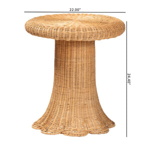 English Elm Scallop Handwoven Rattan Round Pedestal Accent Table Boho Coastal Sunroom Decor B2750P467851