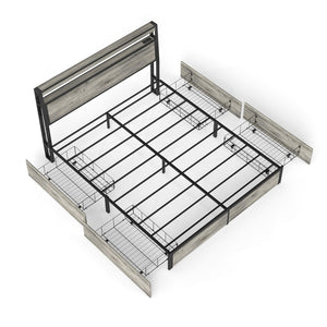 English Elm Queen Metal Platform Bed with Rgb Led Headboard Charging Station and Underbed Storage T3963P482868