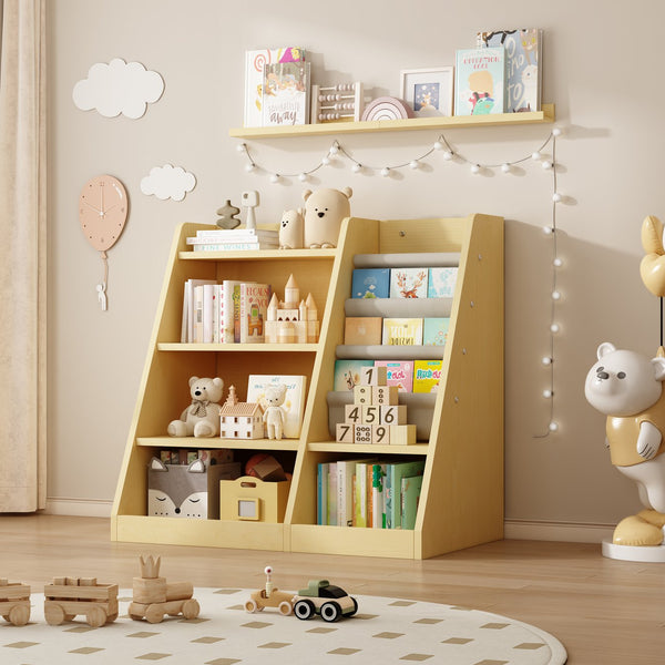 English Elm Wooden Montessori 4-Tier Kids Bookcase with 3 Deep Sling Pockets, Sturdy MDF Organizer for Playroom W2876P233535