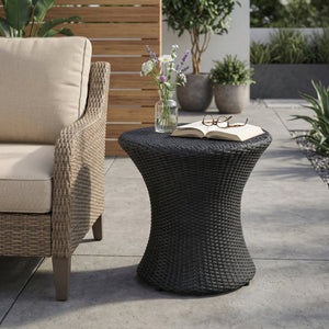 English Elm 19" Kono Hourglass Wicker Side Table Pe Rattan Sculptural Accent for Patio or Living Room Black N773P362078R