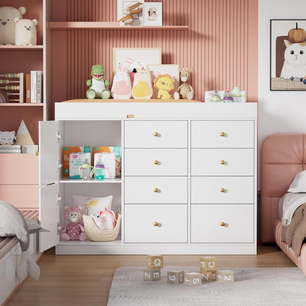 English Elm Baby Nursery Dresser with 8 Drawers 2 Cabinets Changing Station Laminated Mdf W3393P453907