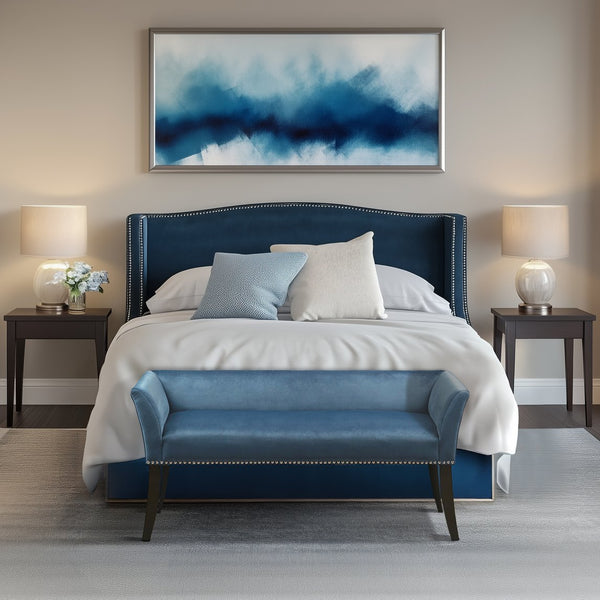 JLA Home Madison Park - 49.5" Welburn Upholstered Bench with Low Back, Nailhead Trim & Wood Legs for Entryway Seating Blue MP105-1049