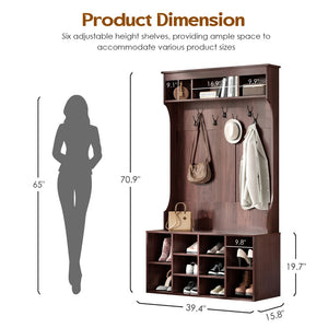 English Elm 70.9 Inch Freestanding Hall Tree with Bench Shoe Cubbies and 7 Hooks for Entryway Dark Walnut T3623P434554