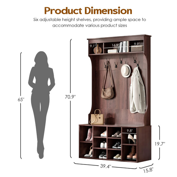 English Elm 70.9 Inch Freestanding Hall Tree with Bench Shoe Cubbies and 7 Hooks for Entryway Dark Walnut T3623P434554