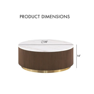 English Elm Brown Fluted Plinth Base Round Marble Top Cocktail Table with Gold Steel Accents B2741P476070