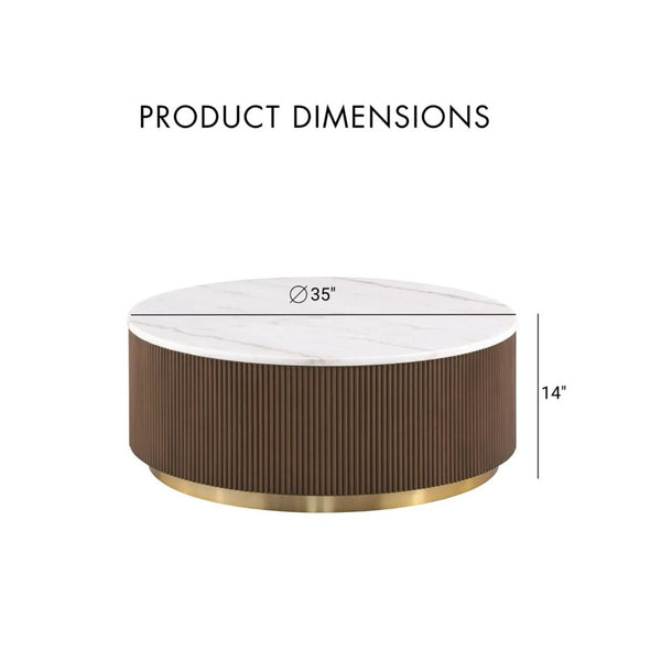 English Elm Brown Fluted Plinth Base Round Marble Top Cocktail Table with Gold Steel Accents B2741P476070