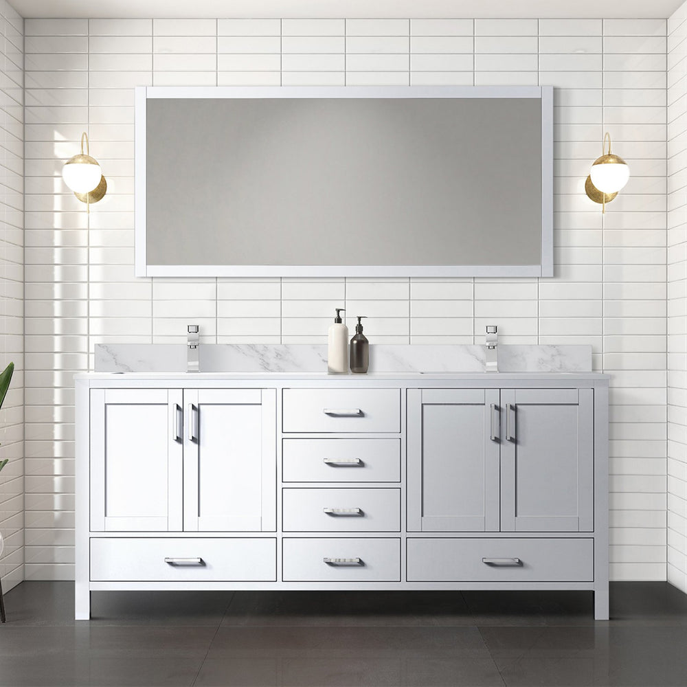 English Elm White 72 in. Double Bath Vanity with Carrara Marble Top, Soft-Close Drawers, Chrome Faucet Set B2731P259096