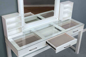 English Elm Glam Elegant Vanity Set with LED Mirror, Plush Stool, Ample Storage, Felt-Lined Drawers, Chic Finish White 65 L x 25 W x 15 H B2741S00682