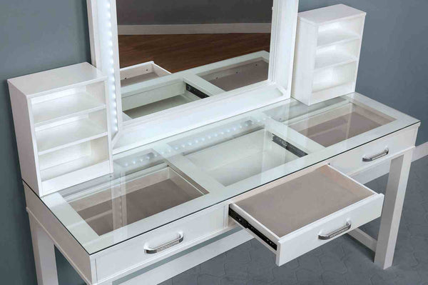 English Elm Glam Elegant Vanity Set with LED Mirror, Plush Stool, Ample Storage, Felt-Lined Drawers, Chic Finish White 65 L x 25 W x 15 H B2741S00682