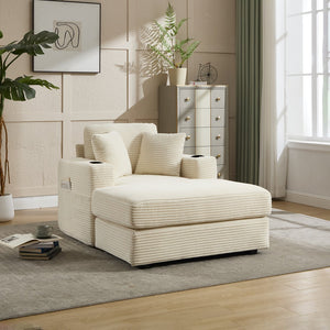English Elm [New]Corduroy Chaise Lounge Sofa with Cup Holders,Detachable Cushions,Deep SeatMagazine Bag Beige W2120P322752