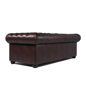English Elm Traditional Tufted Leather Chesterfield Sofa with Feather-Down Cushions, Nailhead Trim & Wood Legs Brown B193P200145