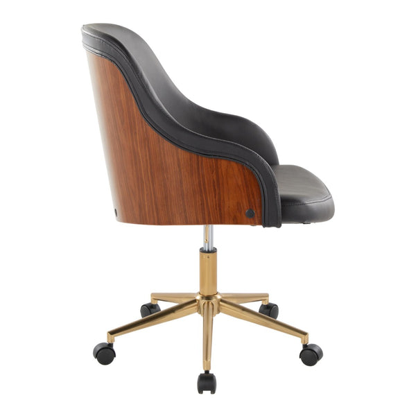 English Elm Office Swivel Chair with Gold Base Walnut Accents and Black Faux Leather Seat B202P474166