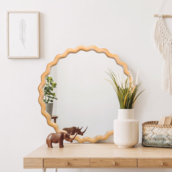English Elm 27.5 Rustic Round Wavy Wall Mirror 27.5" Antique Natural Farmhouse Distressed Wood Frame Vintage Shine W2295P306932