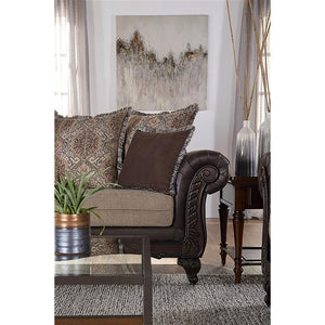 English Elm Brookridge Traditional Rolled Arm Sofa in Brown Faux Leather & Fabric, Ornate Wood Trim, 93" Wide B062P354077