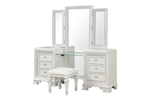 English Elm Traditional Creamy White Vanity Set with Stool, Tri-Fold Mirror, USB Port, Silver Accents, 72"W elegante B2741S00675