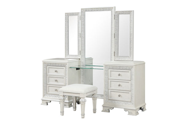 English Elm Traditional Creamy White Vanity Set with Stool, Tri-Fold Mirror, USB Port, Silver Accents, 72"W elegante B2741S00675