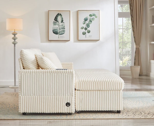 English Elm Comfortable Plush Corduroy Sofa with Hidden Storage Ottoman, USB Charging and Lift-Up Tabletop White W3705S00011