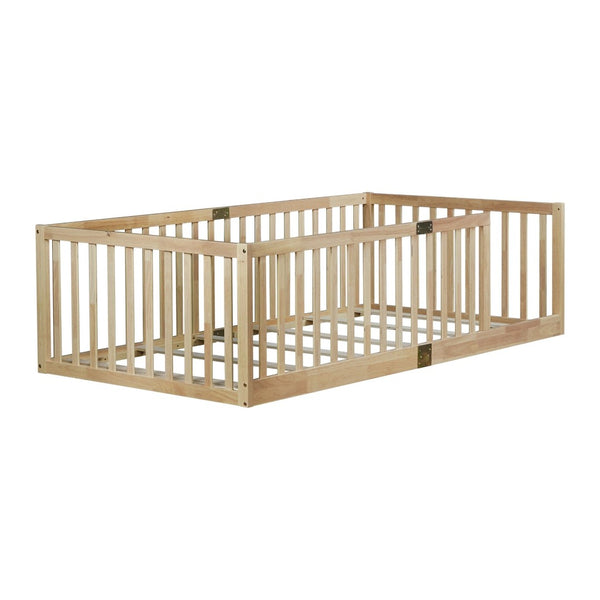 English Elm Twin Montessori Floor Bed Solid Rubber Wood with Safety Fence Rails Toddler Room W504P411197