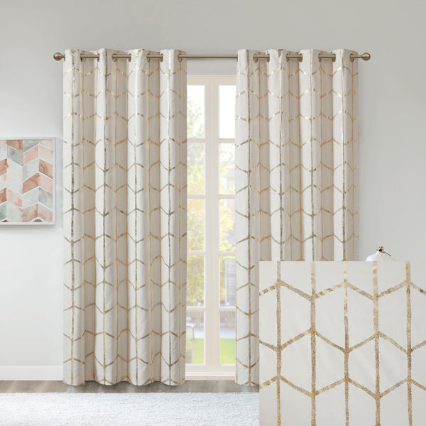 JLA Home Intelligent Design - Total Metallic Geometric Blackout Curtain Panel Ivory with Gold Shine, Grommet Top, Energy Saving 84 L x 50 W x 0.13H ID40-1614