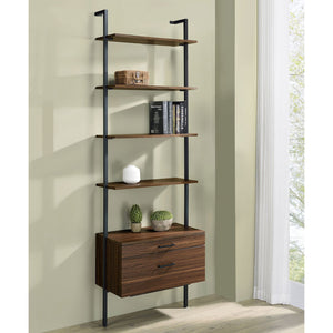 English Elm Wendell Rustic Walnut 4-Shelf Wall Bookcase with Drawer — Space-Saving Engineered Wood Storage, 96" high B062P375508