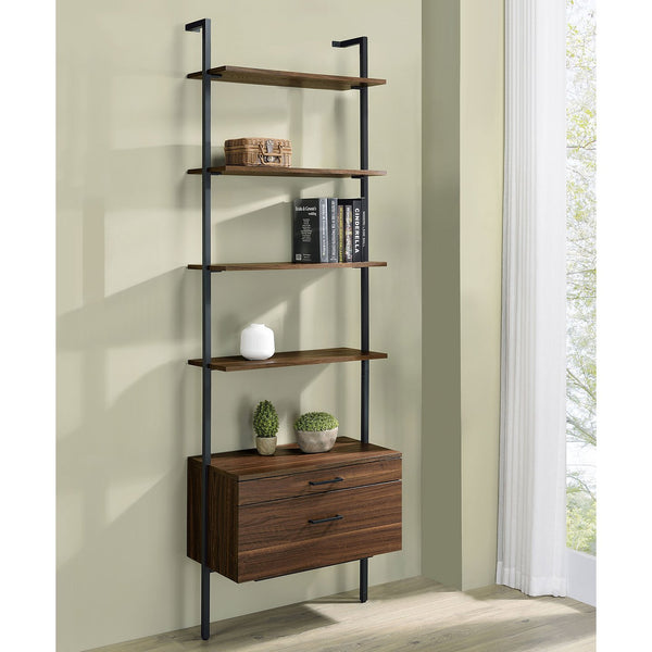 English Elm Wendell Rustic Walnut 4-Shelf Wall Bookcase with Drawer — Space-Saving Engineered Wood Storage, 96" high B062P375508