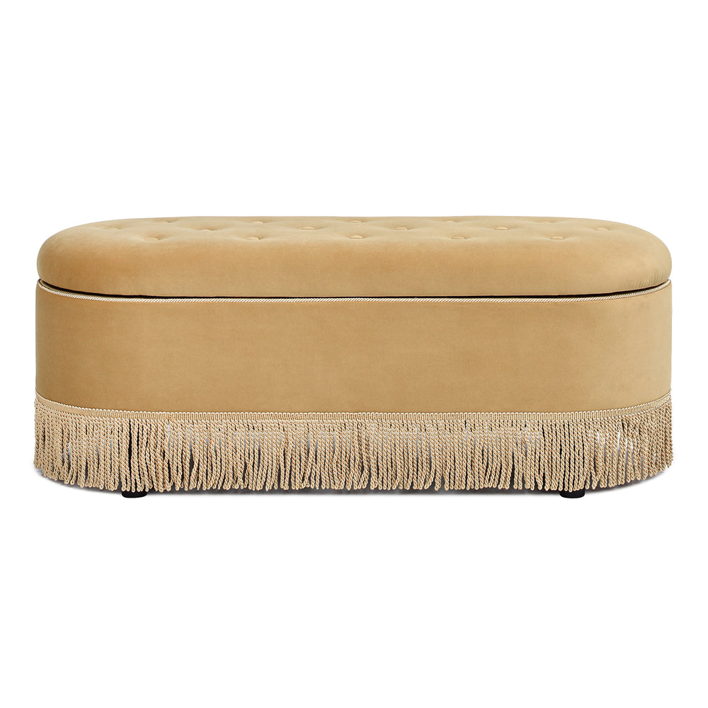 English Elm Jennifer Taylor Home - Melinda Oval Tufted Storage Bench with Bullion Fringe, Gold Velvet Upholstery, Vintage Charm Yellow B2719P238471