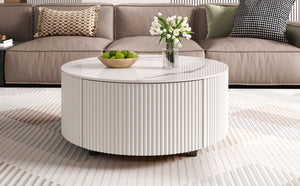 English Elm Modern Round Coffee Table with Sintered Stone Marble Top, Locking Casters, 2 Soft-Close Drawers, Space-Saving Design White N735P328523K
