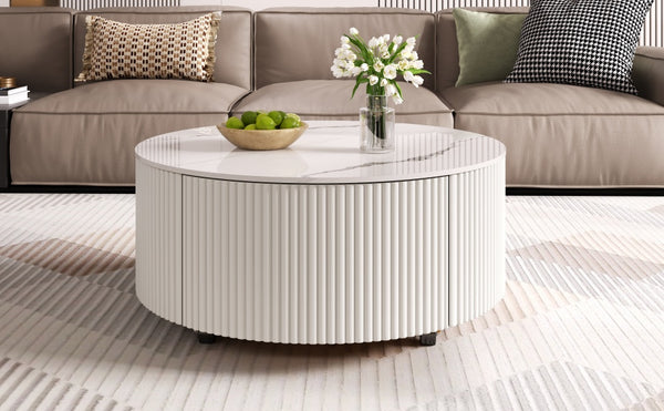English Elm Modern Round Coffee Table with Sintered Stone Marble Top, Locking Casters, 2 Soft-Close Drawers, Space-Saving Design White N735P328523K