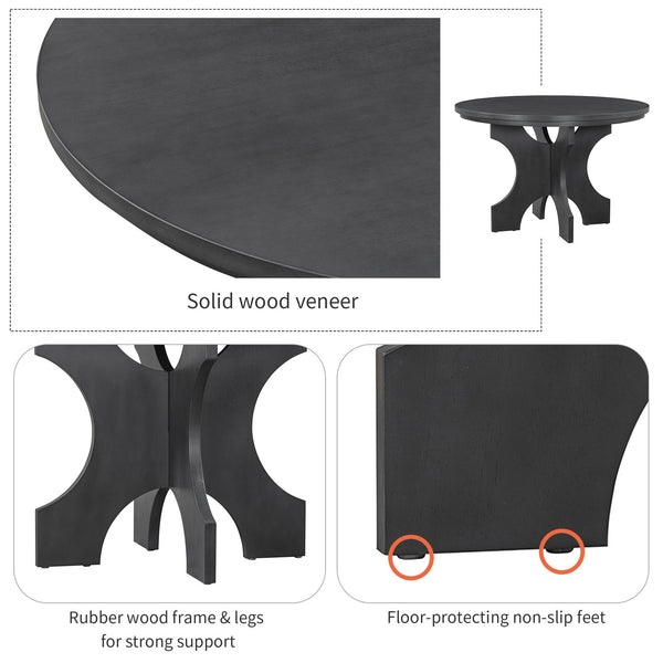 English Elm TREXM Round 5-Piece Rustic Dining Set with Upholstered Chairs and Curved Bench, Distressed Wood Finish Beige+Grey ST000146AAE