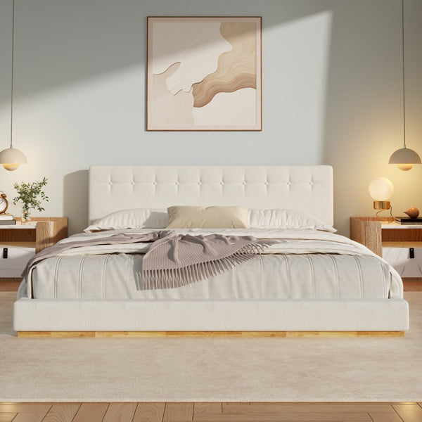 English Elm Solid Rubberwood King Platform Bed Tufted Upholstered Headboard Modern Bedroom Frame N769P387939W