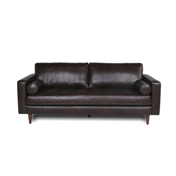 English Elm Mid-Century Tufted Leather Sofa with Brushed Rose Gold Legs, High-Resilience Foam & Durable Coil Support Espresso B193P200158