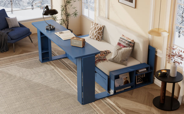 English Elm Queen Daybed with Hydraulic Desk Storage Drawers and Convertible Sofa for Small Spaces Blue LT000272AAC
