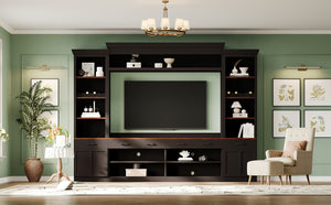 English Elm Farmhouse Mid-century Entertainment Center Walnut Black with Wine Rack for Living Room N721S000046B-2