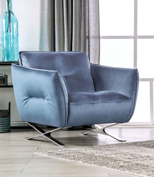 English Elm Contemporary Mezzanotte Italian Leather Armchair with Track Arms, Welted Box Cushions & Metal Legs Light Blue 36 L x 37 W x 28 H B2741S00591