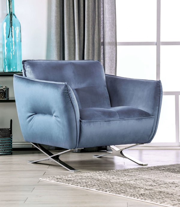 English Elm Contemporary Mezzanotte Italian Leather Armchair with Track Arms, Welted Box Cushions & Metal Legs Light Blue 36 L x 37 W x 28 H B2741S00591