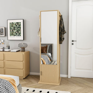 English Elm 360° Rotating Tower Cabinet with Full Length Mirror Open Shelving and Jewelry Storage Walnut W509P456173