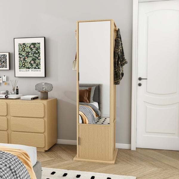 English Elm 360° Rotating Tower Cabinet with Full Length Mirror Open Shelving and Jewelry Storage Walnut W509P456173