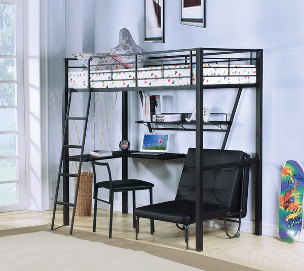 English Elm Senon Twin Loft Bed with Large Reversible Desk & Ladder, Silver/Black Metal & MDF, Sturdy Design B2726P265605