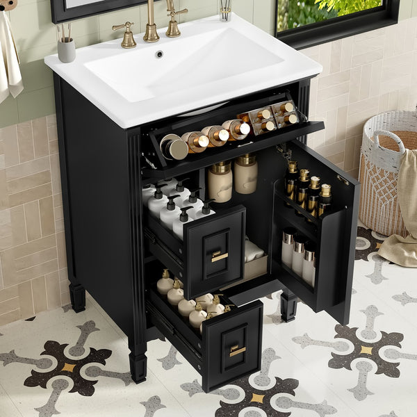 English Elm 24-Inch Bathroom Vanity with Sink, Solid Wood & MDF, Ceramic Top, Gold Handles, Flip Drawer Design Black N725P350824B