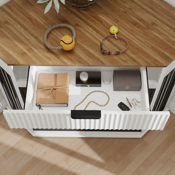 English Elm 44.6'' Corner Mdf Dog Kennel Cabinet with Fluted Drawer End Table for Modern Living White W5216P415904