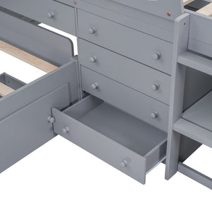 English Elm L-shaped Twin Loft Platform Bed with 7 Drawers Full Guardrails Kids White Pine LT000853AAE