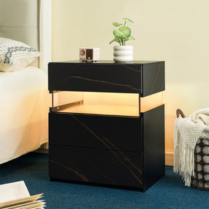 English Elm Led Nightstand with Rgb Acrylic Glow Panel Three Drawers Walnut Bedroom Table Black+Gold W2178P412303