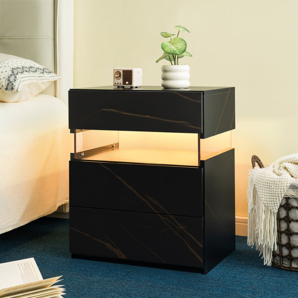 English Elm Led Nightstand with Rgb Acrylic Glow Panel Three Drawers Walnut Bedroom Table Black+Gold W2178P412303