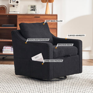 English Elm 011-Teddy Plush Swivel Accent Chair with High Back, Rivet Trim, 360° Rotation, Storage & Pockets Black W527P190836