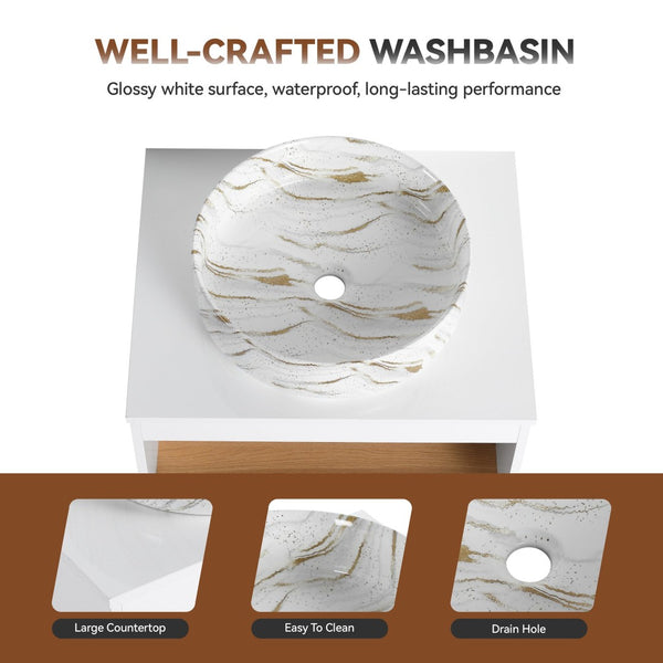 English Elm 24" Floating Bathroom Vanity White Oak Open Shelf Ceramic Vessel Sink Modern Bath W3450S00053