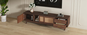 English Elm Mid Century Modern TV Stand with Rattan Sliding Doors, Solid Wood Legs, Drawers & Waterproof Top N710P257617P